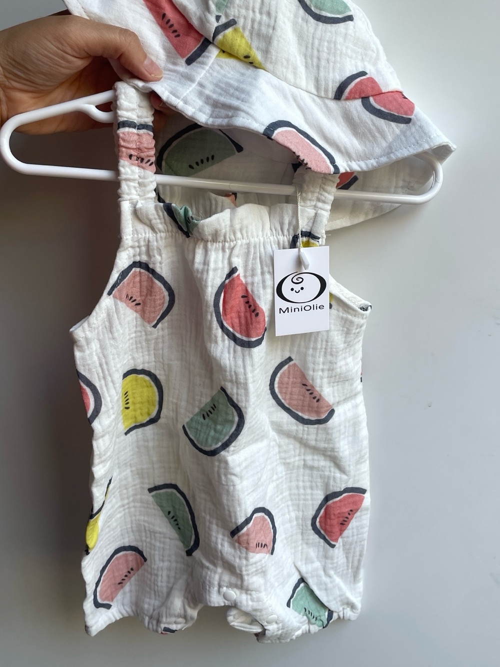 White Watermelon Print Baby Romper with matching hat, 3-6 months